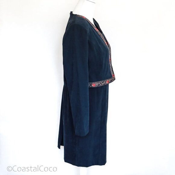 Vintage RJ&Co Dress Jacket Set 12P Micro Suede Floral Embroidered Career Holiday - Picture 2 of 16